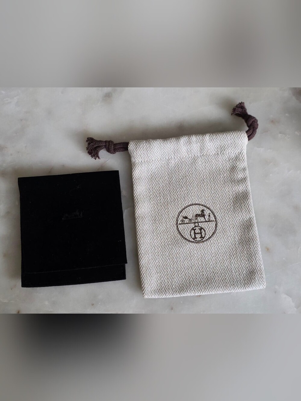 Authentic Hermes Canvas Drawstring & Velvet Accessory Pouch Set